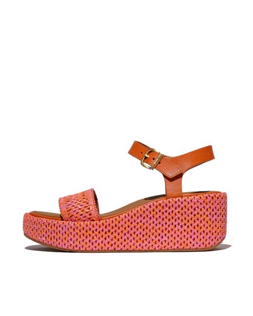 Fitflop Red Platfforms Two-Tone Woven Wedge Ankle-Strap Sandals Faux-Raffia (Pp)/Leather