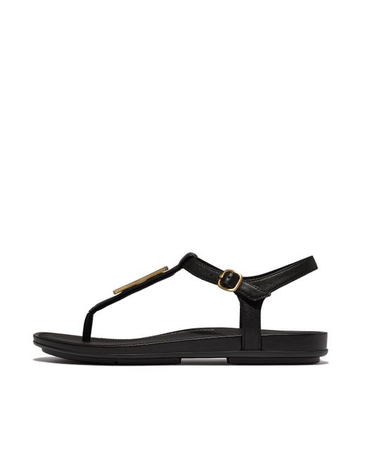Fitflop Black Women Gracie Gold-trim Leather T-bar Sandals, Markdown
