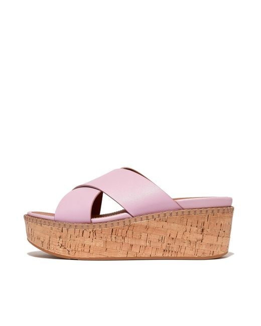 Fitflop Pink Women Eloise Leather/cork Wedge Cross Slides, Outlet
