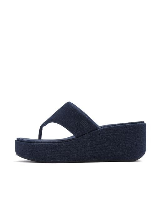 Fitflop Blue Platfforms Denim Wedge Toe-Post Sandals Polyester/Cotton, Markdown, Size: Uk