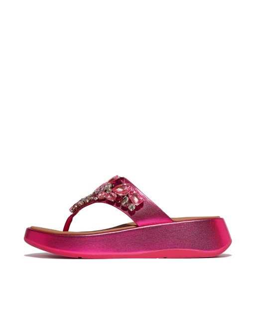 Fitflop Pink Women F-mode Jewel-deluxe Metallic-leather Flatform Toe-post Sandals, Markdown