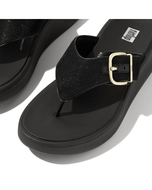 Fitflop Black F-mode Buckle Shimmerlux Flatform Toe-post Sandals