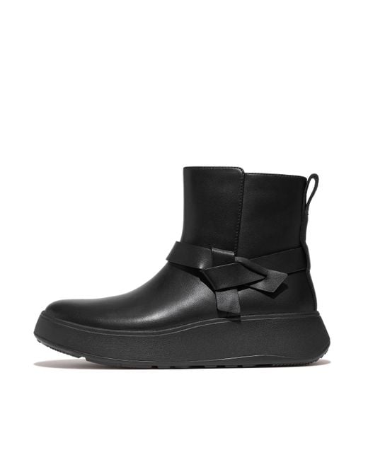 Fitflop Black F-Mode Folded-Knot Leather Flatform Short Boots