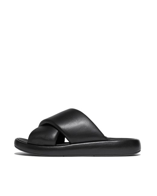 Fitflop Black Women Iqushion D-luxe Padded Leather Cross Slides, Markdown