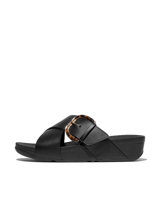 Fitflop Black Women Lulu Resin-buckle Leather Cross Slides, Markdown