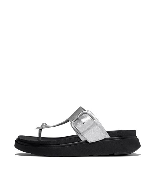 Fitflop Black Gen-Ff Buckle Metallic Tumbled-Leather Toe-Post Sandals
