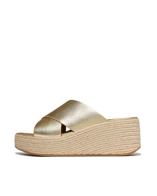 Fitflop Natural Platfforms Espadrille Metallic-Leather Wedge Cross Slides