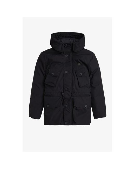 Fred Perry Black Patch Puffer Hooded Thigh Length Parka for men