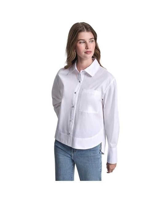 DKNY White Jeans Poplin Shirt W/ Rhinestone Buttons & Stepped Hem