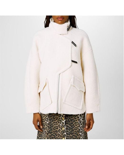 Ganni Natural Boucle Wool Long Sleeve Teddy Coat