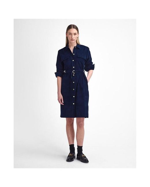 Barbour Blue Corduroy Midi Dress With Belt