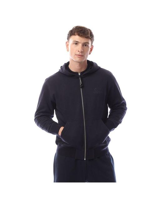 C P Company Blue Diagonal Raised Fleece Logo Full-Zip Hoodie for men