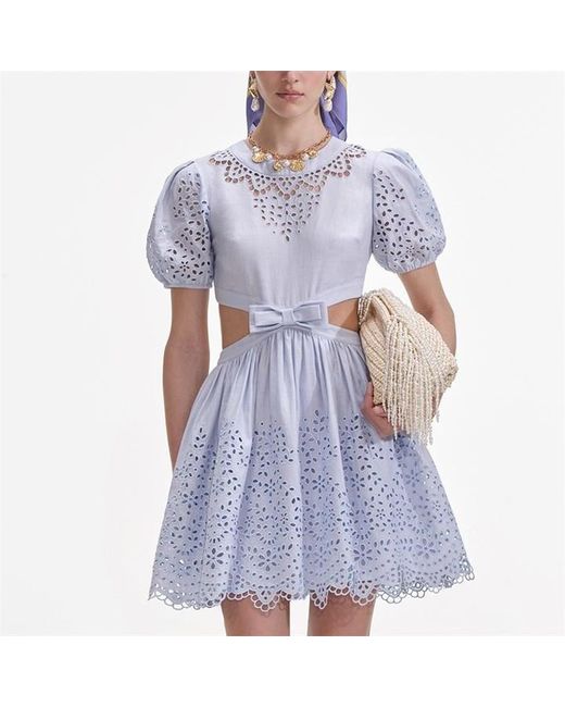 Self-Portrait Blue Brdrie Cut Mini Dress