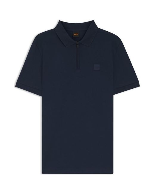Boss Blue Passerzip Short Sleeve Polo Shirt With Logo Detail for men