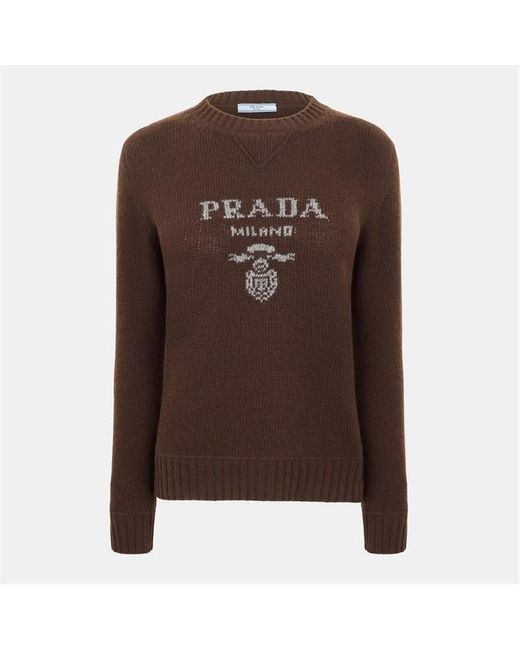 Prada Brown Cashmere And Wool Logo Crew-Neck Sweater