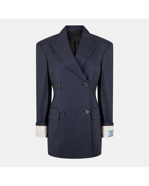 Prada Blue Double Breasted Pinstriped Wool Long Sleeve Blazer