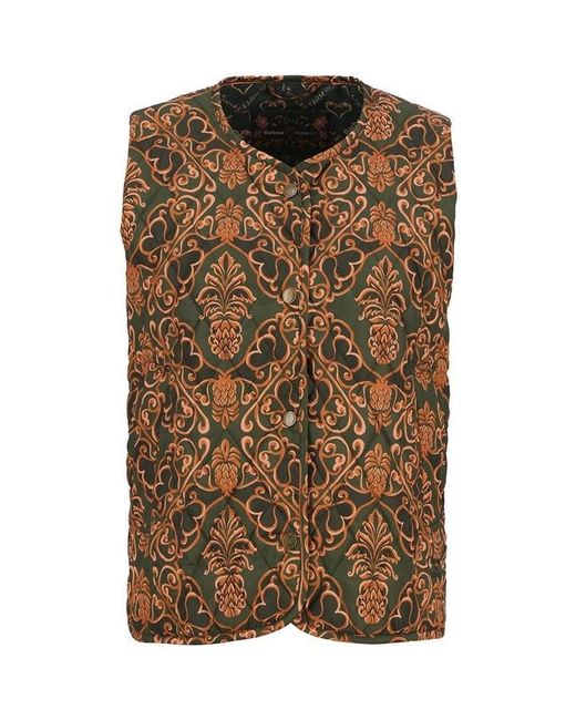 BARBOUR X FARM RIO Brown Fernanda Liner Diamond Quilted Sleeveless Gilet