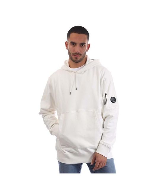 C P Company White Diagonal Raised Fleece Lens Hoodie for men