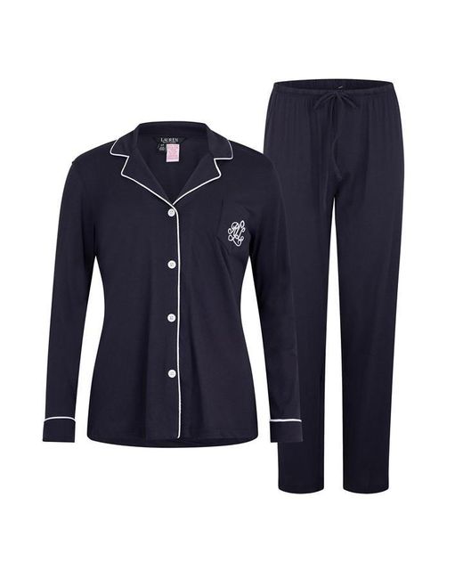 Ralph Lauren Blue Classic Notched Collar Cotton Long Sleeve Pyjama Set