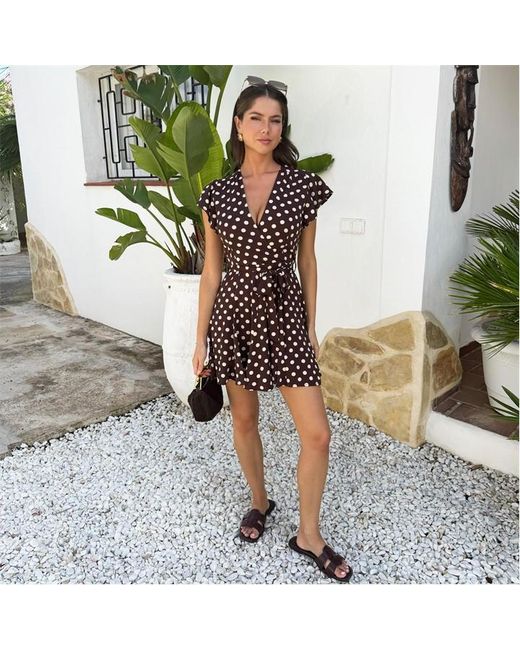 AX Paris Metallic Chocolate Polka Dot Print Wrap Top Skater Mini Dress
