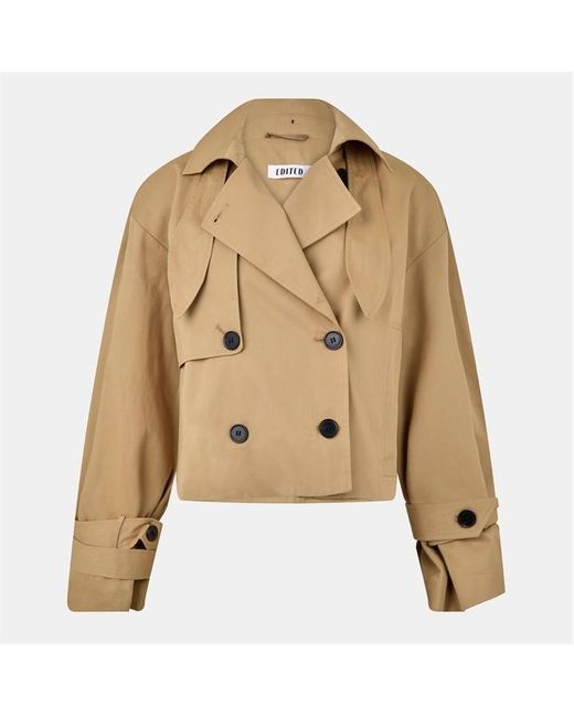 EDITED Natural Rosa Lightweight Cropped Double Breasted Cotton Long Sleeve Trench Coat