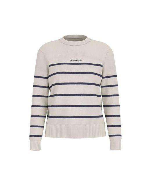 Guess White Stripe Knitted Crew Neck Jumper