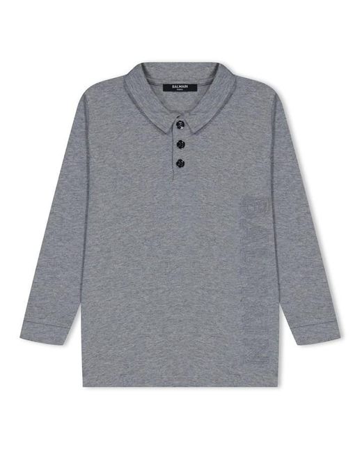 Balmain Gray Long Sleeve Printed Logo Polo Shirt for men