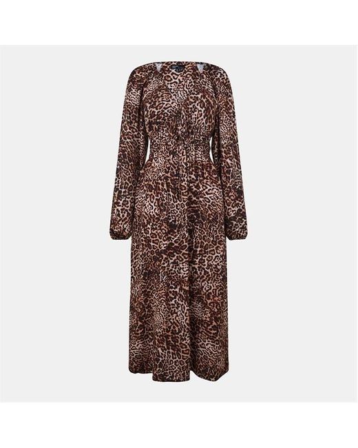Nobody's Child Brown Long Sleeved Leopard Print Cory Midi Dress