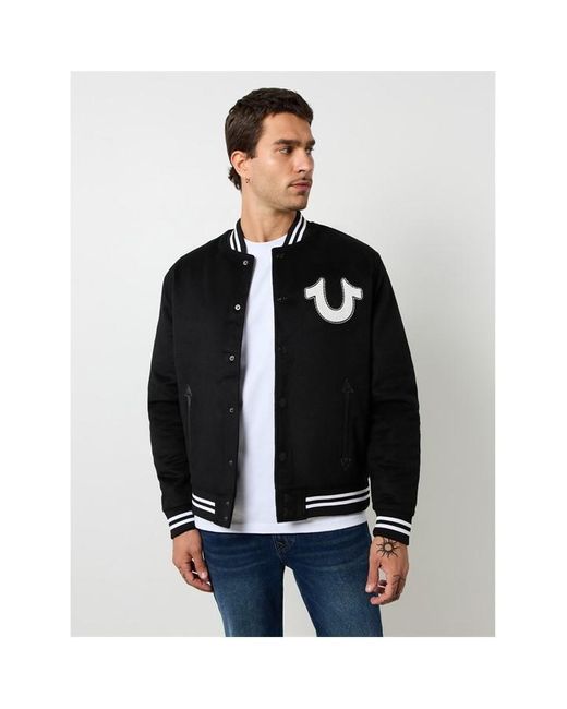 True Religion Black Wool Horseshoe Bomber Jacket for men
