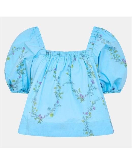 Ganni Blue Printed Short Sleeve Blouse