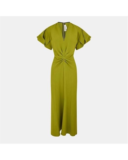 Victoria Beckham Green Gathered V-Neck Midi Dress
