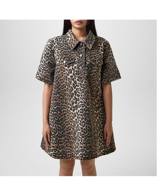 ganni leopard dress denim Denim Shirt Dress Leopard Print Denim Dress Leopard Print Denim Mini Dress  GANNI