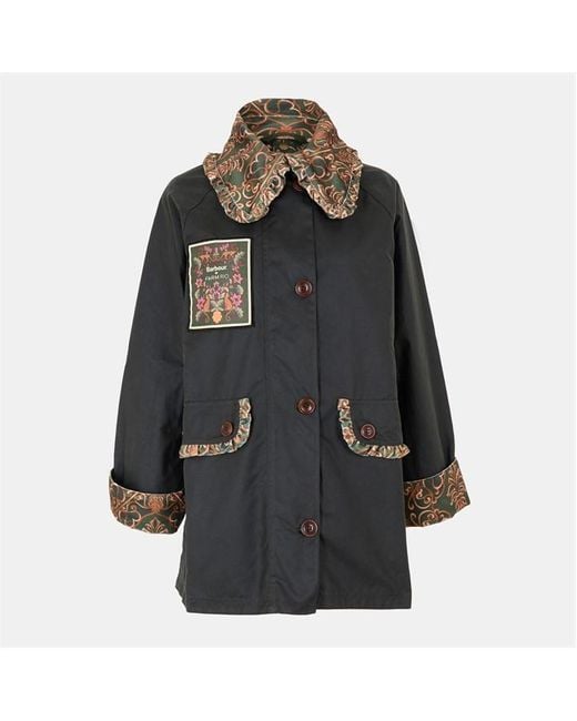 BARBOUR X FARM RIO Black Maria-Clara Long Sleeve Wax Jacket
