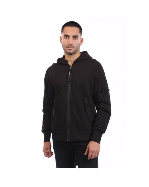 C P Company Black Diagonal Raised Fleece Lens Zip Hoodie for men