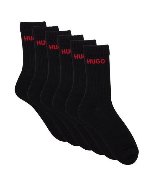 HUGO Black 6-pack Ribbed Logo Crew Socks for men