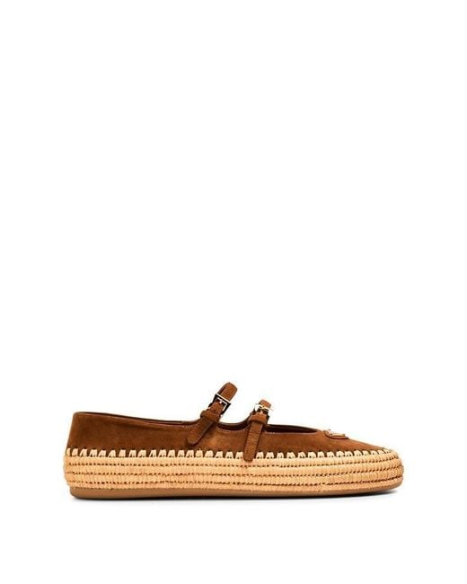 Prada Brown Nappa Leather And Raffia Ballerinas