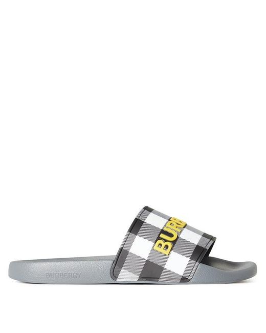 Burberry White Furley Logo Check Sliders for men