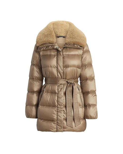 Ralph Lauren Brown Faux Shearling Trim Belted Wind Resistant Duck Down Short Puffer Jacket