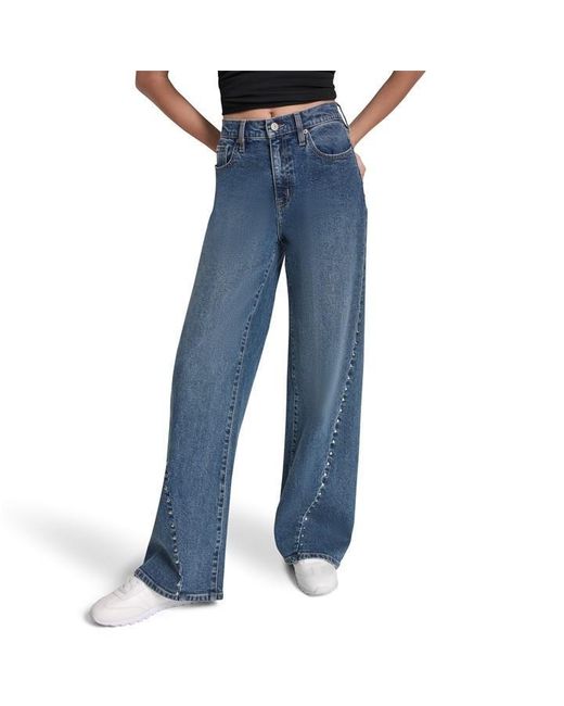 DKNY Blue Jeans High Rise Modern Wide Leg W/ Curved Studded Forward Seam
