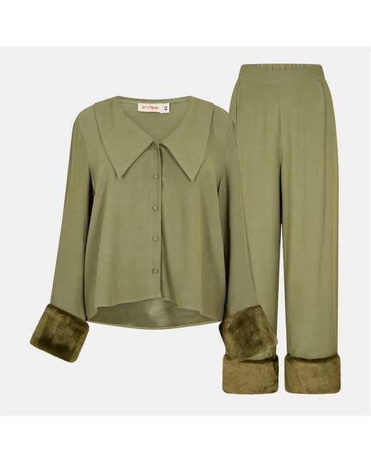 It's 9pm Green Frenchie Faux Fur Long Sleeve Pyjama Set