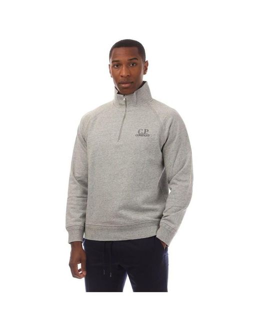 C P Company Gray Diagonal Raised Fleece Half Zip Logo Sweatshirt for men