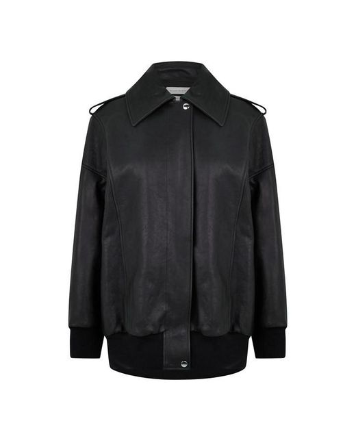 McQueen Black Aviator Bomber Leather Long Sleeve Oversized Fit Jacket