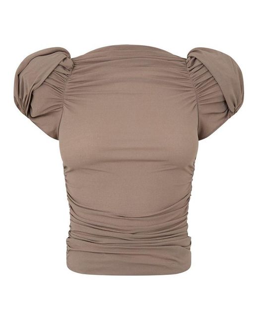 Magda Butrym Brown Puff Sleeve Ruched Slim Fit T-Shirt