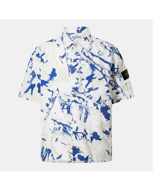 Stone Island Blue Camo Short Sleeve Shirt for men
