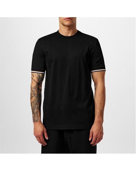 Boss Black Cotton-jersey T-shirt With Signature-stripe Cuffs for men