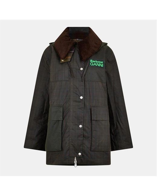 BARBOUR X GANNI Green Tartan Waxed Duffle Coat