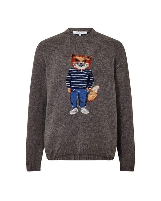 Maison Kitsuné Gray Dressed Fox Intarsia Wool Crew Neck Jumper for men