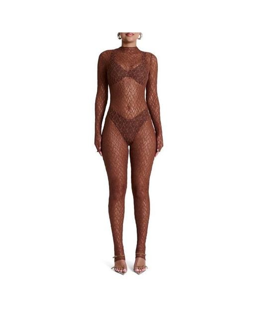 Naked Wardrobe Brown Stretch Lace Stirrup Jumpsuit