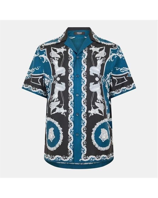 Versace Blue Silk Short Sleeve Patterned Shirt for men