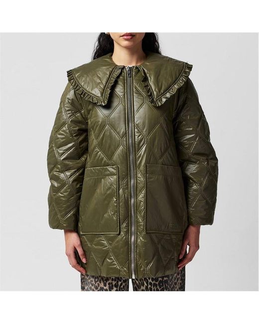 Ganni Green Quilted Insulated Cropped Short Puffer Jacket